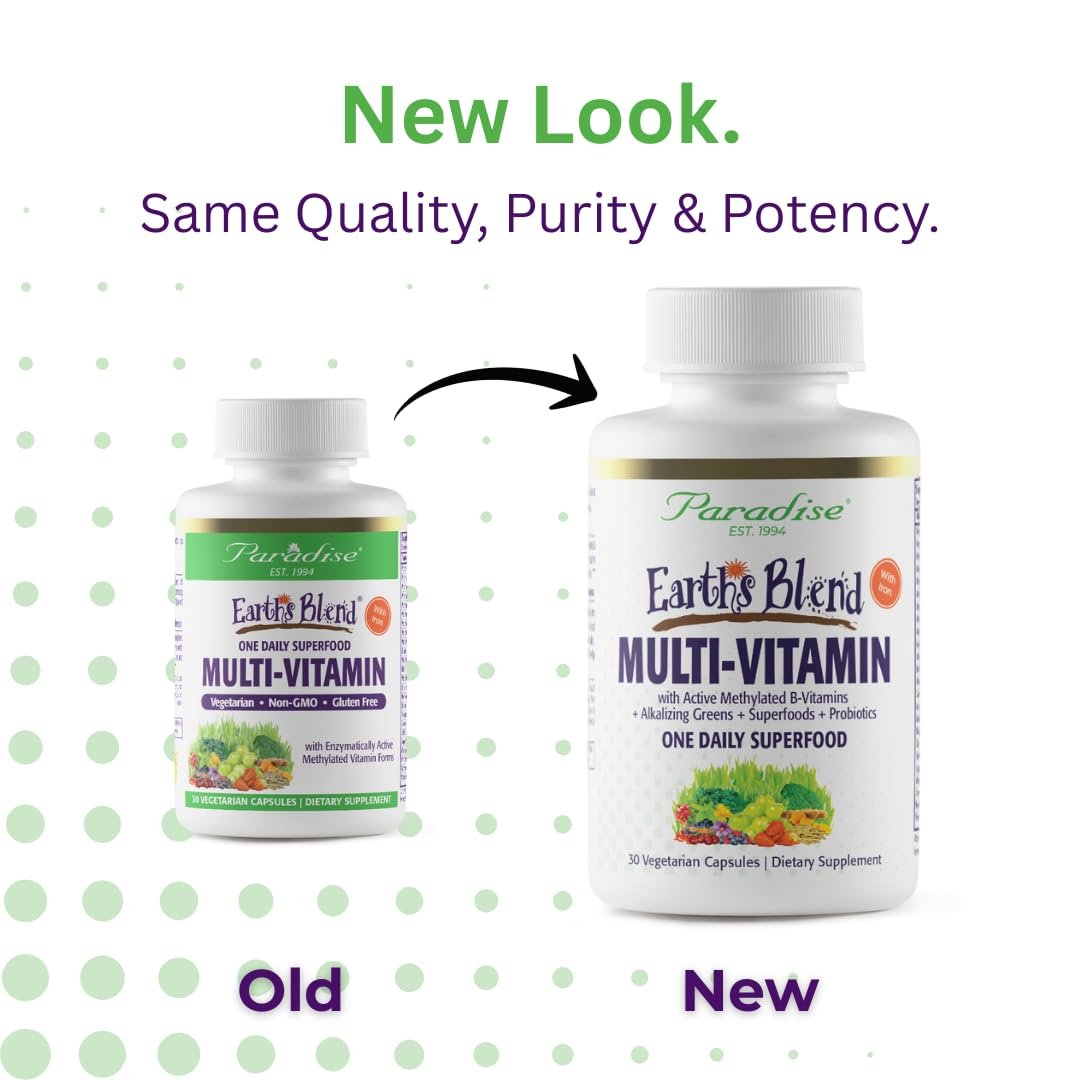 Paradise Herbs Earth's Blend Once Daily Multivitamin mit Eisen, 48 Bio-Superfoods, Probiotika, Antioxidantien, Vitamine A, B12, C, D, K2, tägliches Superfood, 30 Kapseln