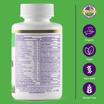 Paradise Herbs Earth's Blend Once Daily Multivitamin mit Eisen, 48 Bio-Superfoods, Probiotika, Antioxidantien, Vitamine A, B12, C, D, K2, tägliches Superfood, 30 Kapseln