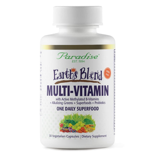 Paradise Herbs Earth's Blend Once Daily Multivitamin mit Eisen, 48 Bio-Superfoods, Probiotika, Antioxidantien, Vitamine A, B12, C, D, K2, tägliches Superfood, 30 Kapseln