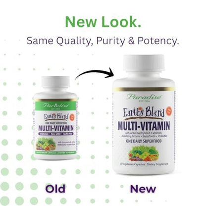 Paradise Herbs Earth's Blend Once Daily Multivitamin mit Eisen, 48 Bio-Superfoods, Probiotika, Antioxidantien, Vitamine A, B12, C, D, K2, tägliches Superfood, 30 Kapseln