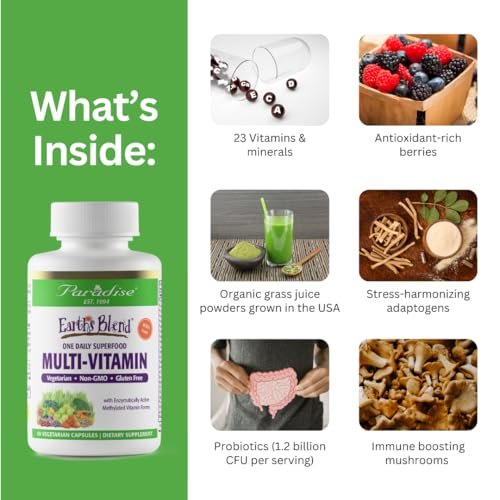 Paradise Herbs Earth's Blend Once Daily Multivitamin mit Eisen, 48 Bio-Superfoods, Probiotika, Antioxidantien, Vitamine A, B12, C, D, K2, tägliches Superfood, 30 Kapseln