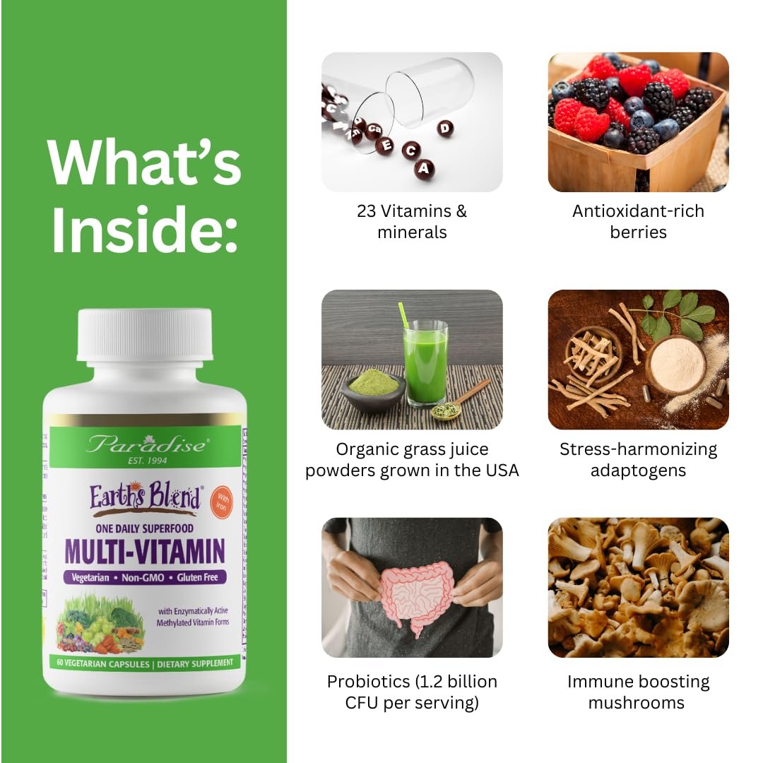 Paradise Herbs Earth's Blend Once Daily Multivitamin mit Eisen, 48 Bio-Superfoods, Probiotika, Antioxidantien, Vitamine A, B12, C, D, K2, tägliches Superfood, 30 Kapseln