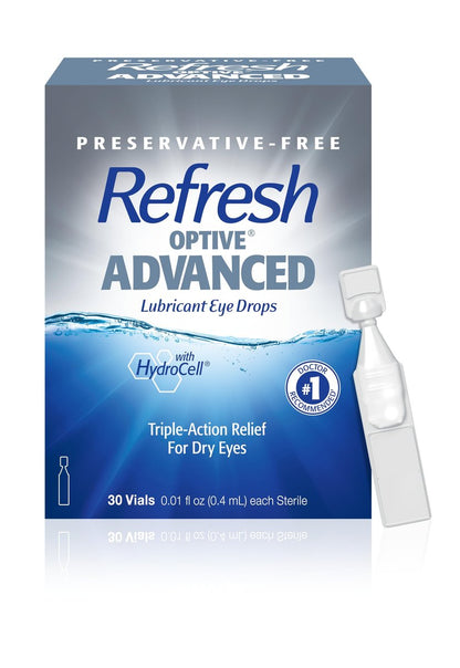 Refresh Optive Advanced Befeuchtende Augentropfen für trockene Augen, konservierungsmittelfrei, 0,01 Fl Oz Einzeldosisbehälter, 30 Stück