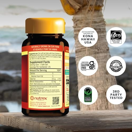Nutrex Hawaii BioAstin Hawaiian Astaxanthin - 12mg Hochpotenz, 25 Weichkapseln - Antioxidans für Haut & Immunsystem - Premium Mikroalgen aus Kona, Hawaii - Non-GMO & Glutenfrei