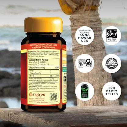 Nutrex Hawaii BioAstin Hawaiian Astaxanthin - 12mg Hochpotenz, 25 Weichkapseln - Antioxidans für Haut & Immunsystem - Premium Mikroalgen aus Kona, Hawaii - Non-GMO & Glutenfrei