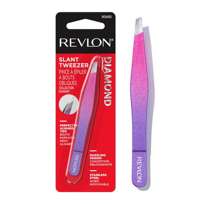 Revlon Diamond Collection Pinzette mit schräger Spitze – Ultrascharf für präzises Augenbrauenstyling und Gesichtshaarentfernung, aus Edelstahl, Pink & Lila, 1 Stück