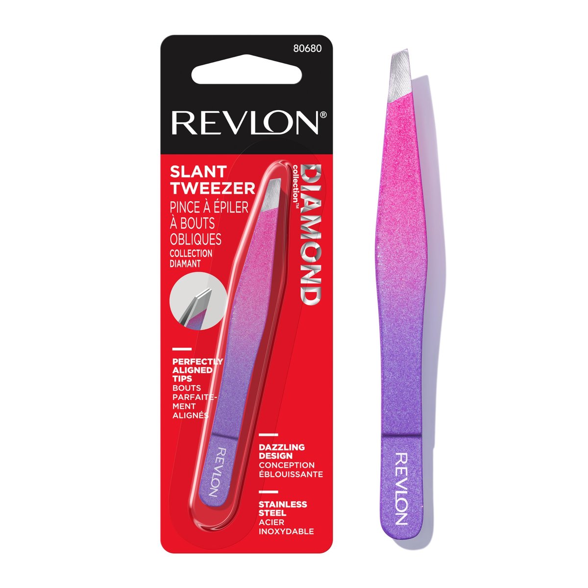 Revlon Diamond Collection Pinzette mit schräger Spitze – Ultrascharf für präzises Augenbrauenstyling und Gesichtshaarentfernung, aus Edelstahl, Pink & Lila, 1 Stück