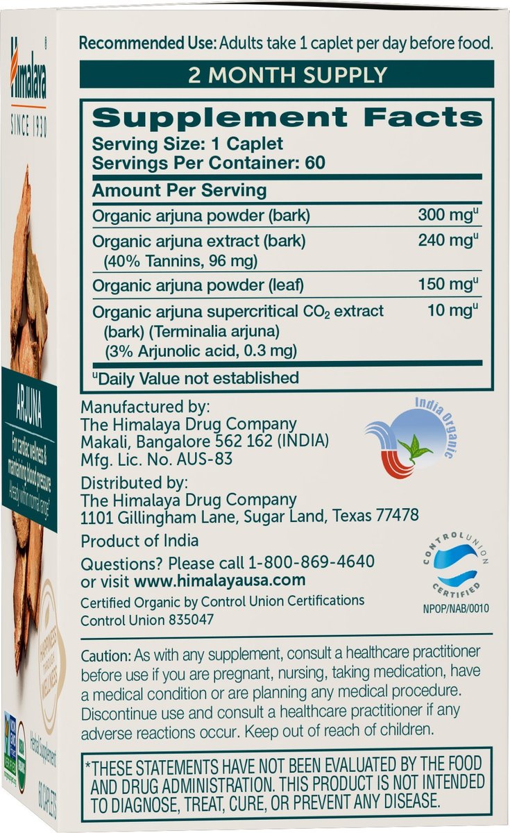 Himalaya Bio Arjuna, 60-Tage-Vorrat - Pflanzliches Nahrungsergänzungsmittel zur Unterstützung der Herzgesundheit und eines normalen Blutdrucks - USDA Bio, Vegan, Nicht-GVO, Glutenfrei, 700 mg, 60 Kapseln