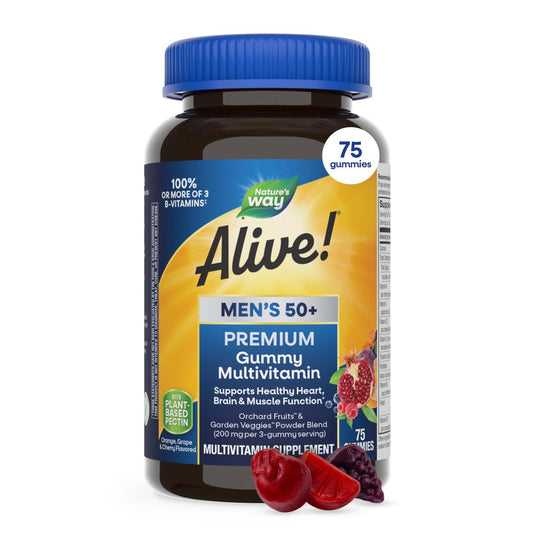 Nature's Way Alive! Männer 50 Plus Premium Gummy Multivitamin – Unterstützt Herz, Gehirn und Muskelfunktion mit hochwirksamen B-Vitaminen, Vitamin A, C, D3 & Selen, fruchtig, 75 Gummis