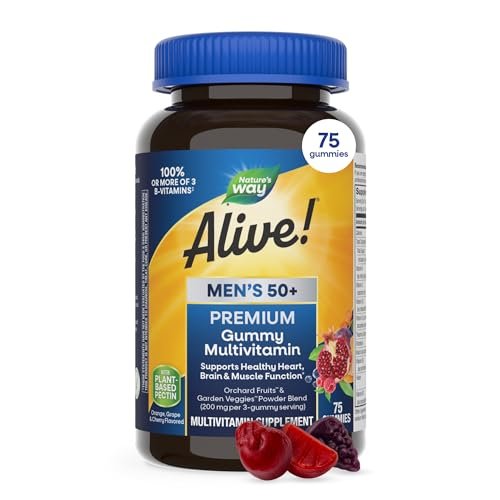 Nature's Way Alive! Männer 50 Plus Premium Gummy Multivitamin – Unterstützt Herz, Gehirn und Muskelfunktion mit hochwirksamen B-Vitaminen, Vitamin A, C, D3 & Selen, fruchtig, 75 Gummis