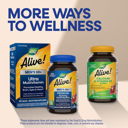 Nature's Way Alive! Männer 50 Plus Premium Gummy Multivitamin – Unterstützt Herz, Gehirn und Muskelfunktion mit hochwirksamen B-Vitaminen, Vitamin A, C, D3 & Selen, fruchtig, 75 Gummis