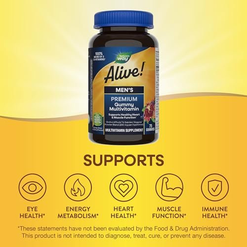 Nature's Way Alive! Men's Gummie-Multivitamin – Unterstützt Herzgesundheit und Muskelfunktion mit vollem B-Vitamin-Komplex, 75 Gummibärchen (Orange, Traube, Kirsche)