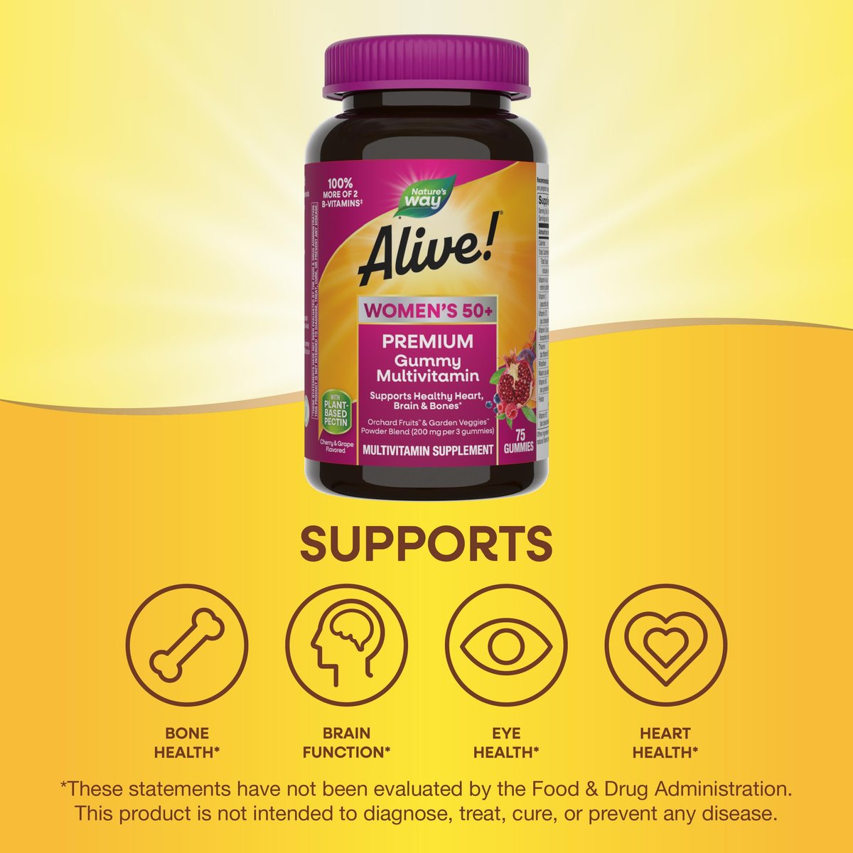Nature's Way Alive! Women's 50+ Premium Gummy Multivitamin – Unterstützt Herz, Gehirn & Knochen*, B-Vitamine, vegetarisch, Trauben- und Kirschgeschmack, 75 Gummis