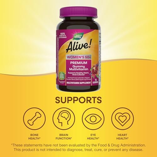 Nature's Way Alive! Women's 50+ Premium Gummy Multivitamin – Unterstützt Herz, Gehirn & Knochen*, B-Vitamine, vegetarisch, Trauben- und Kirschgeschmack, 75 Gummis