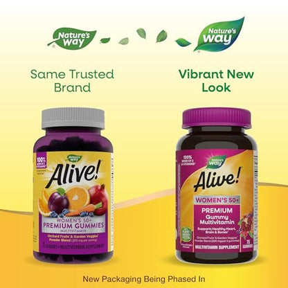 Nature's Way Alive! Women's 50+ Premium Gummy Multivitamin – Unterstützt Herz, Gehirn & Knochen*, B-Vitamine, vegetarisch, Trauben- und Kirschgeschmack, 75 Gummis