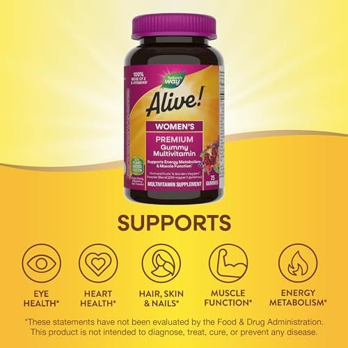 Nature's Way Alive! Premium Frauen Multivitamin Gummis – Unterstützt den Energiestoffwechsel* und die Muskelfunktion* mit B-Vitaminen, Geschmacksrichtungen Traube, Kirsche & Blaubeere-Acai, 75 Gummis (Verpackung kann variieren)