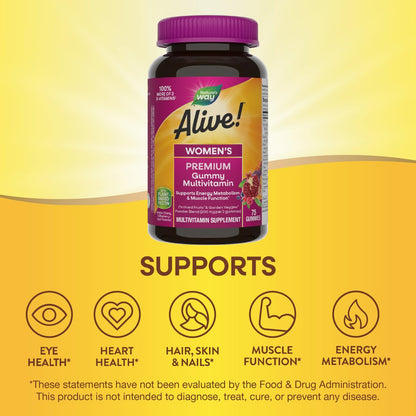 Nature's Way Alive! Premium Frauen Multivitamin Gummis – Unterstützt den Energiestoffwechsel* und die Muskelfunktion* mit B-Vitaminen, Geschmacksrichtungen Traube, Kirsche & Blaubeere-Acai, 75 Gummis (Verpackung kann variieren)