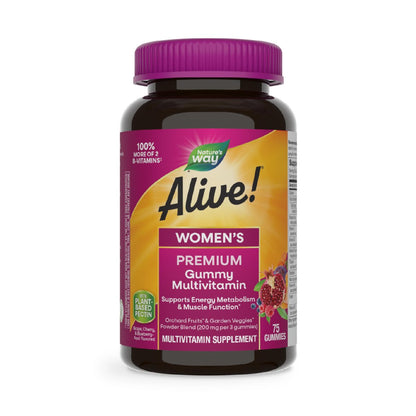 Nature's Way Alive! Premium Frauen Multivitamin Gummis – Unterstützt den Energiestoffwechsel* und die Muskelfunktion* mit B-Vitaminen, Geschmacksrichtungen Traube, Kirsche & Blaubeere-Acai, 75 Gummis (Verpackung kann variieren)