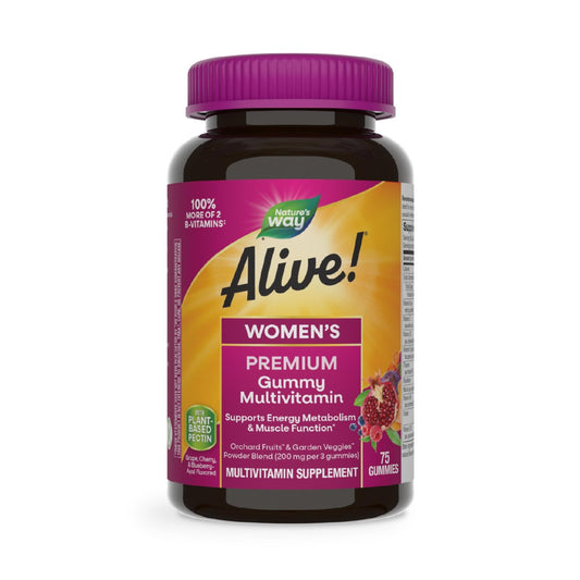 Nature's Way Alive! Premium Frauen Multivitamin Gummis – Unterstützt den Energiestoffwechsel* und die Muskelfunktion* mit B-Vitaminen, Geschmacksrichtungen Traube, Kirsche & Blaubeere-Acai, 75 Gummis (Verpackung kann variieren)
