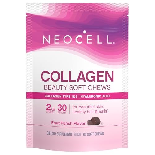 NeoCell Collagen Beauty Soft Chews mit Vitamin C und Hyaluronsäure – für Haar, Haut und Nägel, Fruchtpunsch, 60 Soft Chews