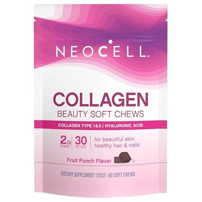 NeoCell Collagen Beauty Soft Chews mit Vitamin C und Hyaluronsäure – für Haar, Haut und Nägel, Fruchtpunsch, 60 Soft Chews