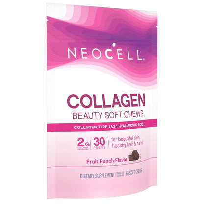 NeoCell Collagen Beauty Soft Chews mit Vitamin C und Hyaluronsäure – für Haar, Haut und Nägel, Fruchtpunsch, 60 Soft Chews