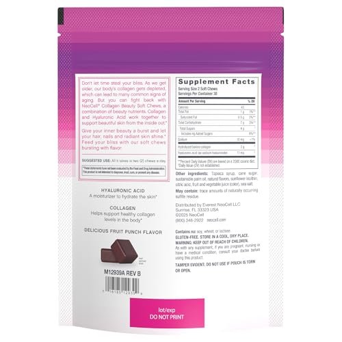NeoCell Collagen Beauty Soft Chews mit Vitamin C und Hyaluronsäure – für Haar, Haut und Nägel, Fruchtpunsch, 60 Soft Chews