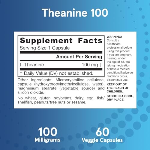 Jarrow Formulas® Theanine 100 mg – Nahrungsergänzungsmittel, 60 Kapseln, 60-Tage-Versorgung