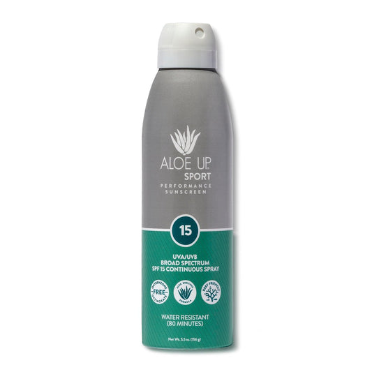 Aloe Up Sport Spray Sonnenschutz SPF 15 – Breitband-Sonnenblock mit feuchtigkeitsspendendem Aloe Vera Gel – schnell einziehend, ohne weißen Schimmer, riffreundlich, wasserbeständig bis zu 80 Minuten, duftfrei – 180 ml