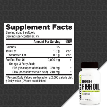 NutraBio Omega 3 Fischöl Kapseln, 2.000 mg, 150 Softgels – EPA DHA Omega-3-Fettsäuren zur Unterstützung eines gesunden Herzens