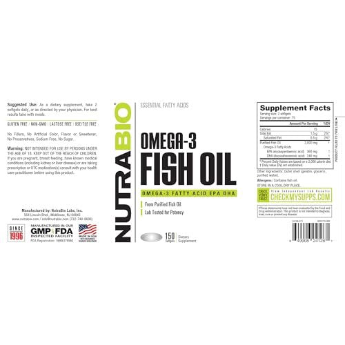 NutraBio Omega 3 Fischöl Kapseln, 2.000 mg, 150 Softgels – EPA DHA Omega-3-Fettsäuren zur Unterstützung eines gesunden Herzens