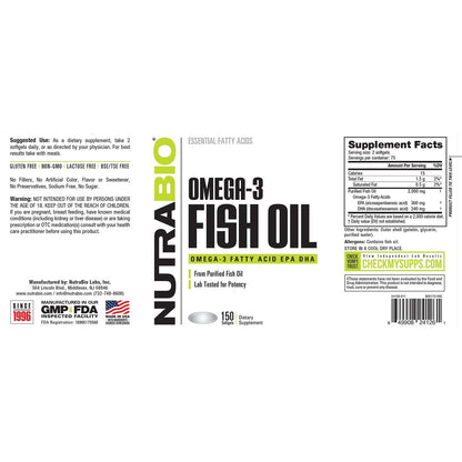 NutraBio Omega 3 Fischöl Kapseln, 2.000 mg, 150 Softgels – EPA DHA Omega-3-Fettsäuren zur Unterstützung eines gesunden Herzens
