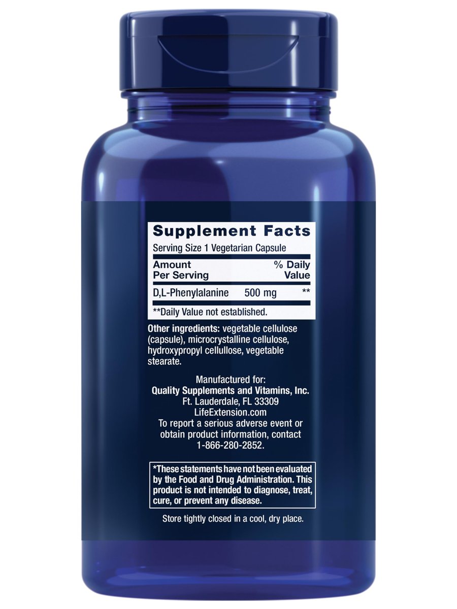 Life Extension D, L-Phenylalanin Kapseln, 500 mg – Unterstützt die Stimmung und Neurotransmitter-Gesundheit – Glutenfrei, Nicht-GVO, Vegetarisch – 100 Kapseln