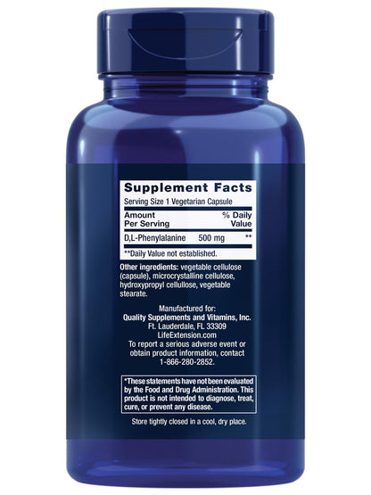 Life Extension D, L-Phenylalanin Kapseln, 500 mg – Unterstützt die Stimmung und Neurotransmitter-Gesundheit – Glutenfrei, Nicht-GVO, Vegetarisch – 100 Kapseln
