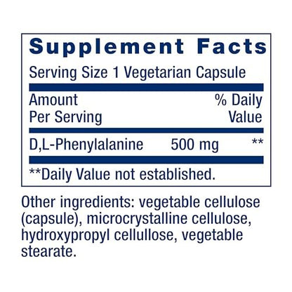 Life Extension D, L-Phenylalanin Kapseln, 500 mg – Unterstützt die Stimmung und Neurotransmitter-Gesundheit – Glutenfrei, Nicht-GVO, Vegetarisch – 100 Kapseln