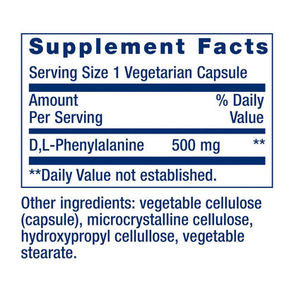 Life Extension D, L-Phenylalanin Kapseln, 500 mg – Unterstützt die Stimmung und Neurotransmitter-Gesundheit – Glutenfrei, Nicht-GVO, Vegetarisch – 100 Kapseln