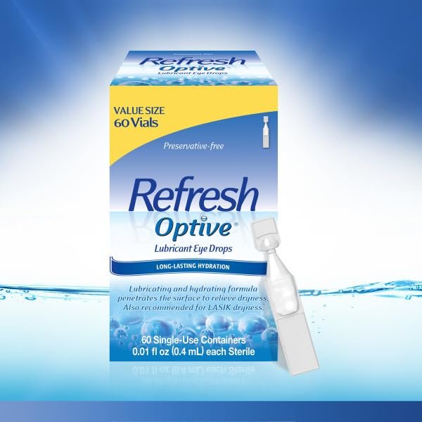 Refresh Optive Befeuchtende Augentropfen für trockene Augen, Konservierungsmittelfrei, 0,01 Fl Oz Einzeldosisbehälter, 60 Stück