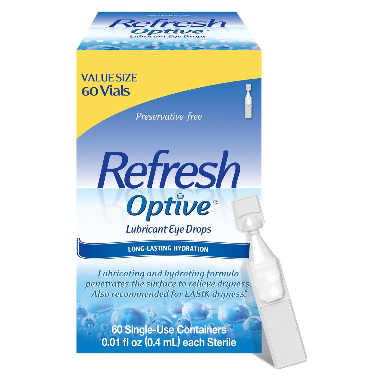 Refresh Optive Befeuchtende Augentropfen für trockene Augen, Konservierungsmittelfrei, 0,01 Fl Oz Einzeldosisbehälter, 60 Stück