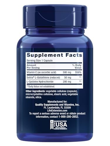 Life Extension Glutathion, Cystein & C – 500 mg Vitamin C, Starkes Antioxidans zur Unterstützung der Lebergesundheit, Glutenfrei, Nicht-GVO, 100 Kapseln