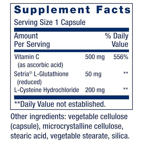 Life Extension Glutathion, Cystein & C – 500 mg Vitamin C, Starkes Antioxidans zur Unterstützung der Lebergesundheit, Glutenfrei, Nicht-GVO, 100 Kapseln