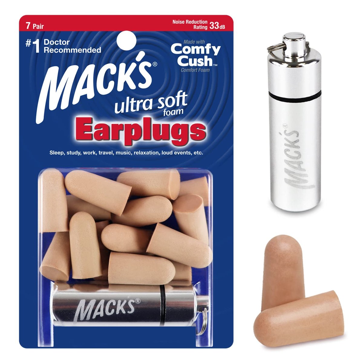 Mack’s Ultra Soft Schaumstoff-Ohrstöpsel, 7 Paar + Etui – 33 dB höchste NRR, bequeme Ohrstöpsel für Schlafen, Schnarchen, Reisen, Konzerte, Lernen und Lärm