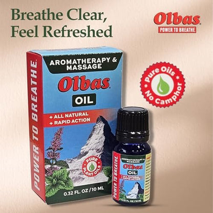 Olbas Massage- und Aromatherapieöl, 0,32 Fl Oz, Körper-Massageöl, Schweizer Kräuterrezepturen mit reinen ätherischen Massageölen zur Muskelentspannung und beruhigenden Linderung bei Schmerzen