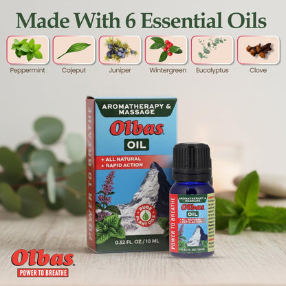 Olbas Massage- und Aromatherapieöl, 0,32 Fl Oz, Körper-Massageöl, Schweizer Kräuterrezepturen mit reinen ätherischen Massageölen zur Muskelentspannung und beruhigenden Linderung bei Schmerzen