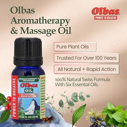 Olbas Massage- und Aromatherapieöl, 0,32 Fl Oz, Körper-Massageöl, Schweizer Kräuterrezepturen mit reinen ätherischen Massageölen zur Muskelentspannung und beruhigenden Linderung bei Schmerzen