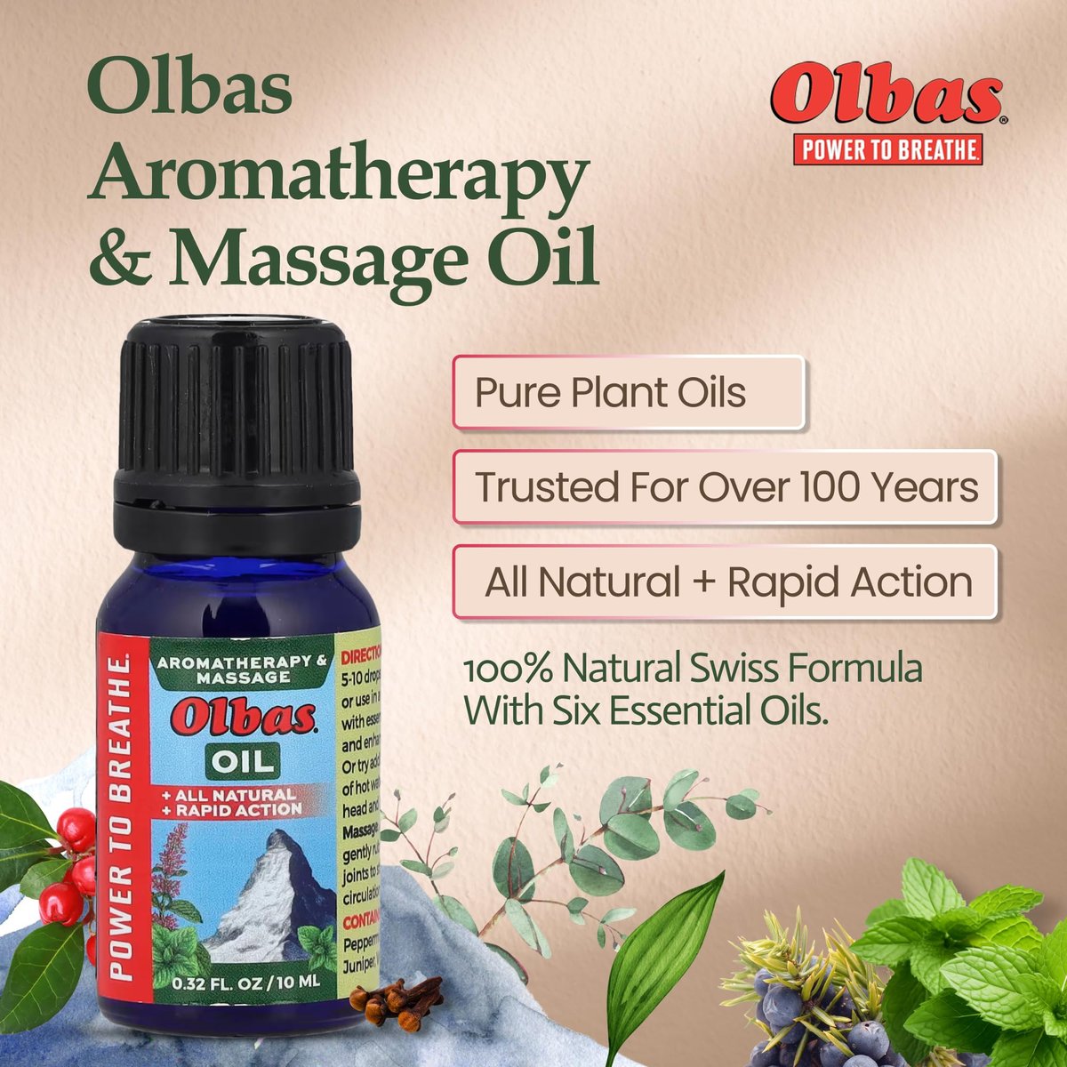Olbas Massage- und Aromatherapieöl, 0,32 Fl Oz, Körper-Massageöl, Schweizer Kräuterrezepturen mit reinen ätherischen Massageölen zur Muskelentspannung und beruhigenden Linderung bei Schmerzen