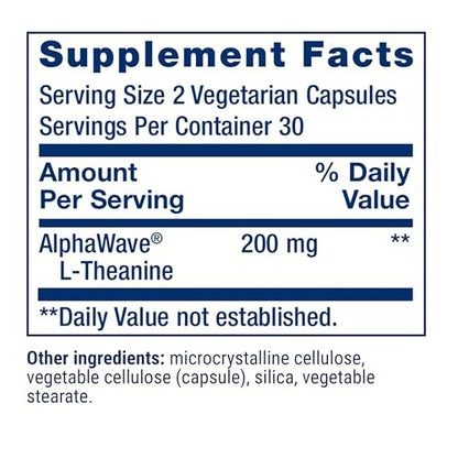 Life Extension L-Theanin – 200 mg, 60 Kapseln – Aminosäure für Ruhe, Entspannung & Stimmung – Glutenfrei, Nicht-GVO, Vegetarisch