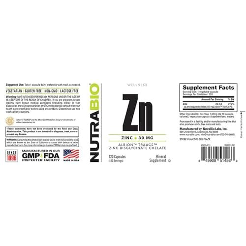 NutraBio Zinc Chelat Mineralergänzung – 30 mg Zink pro Kapsel, 120 Portionen für Wachstum, Entwicklung und Immunsystem
