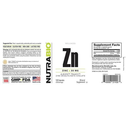 NutraBio Zinc Chelat Mineralergänzung – 30 mg Zink pro Kapsel, 120 Portionen für Wachstum, Entwicklung und Immunsystem