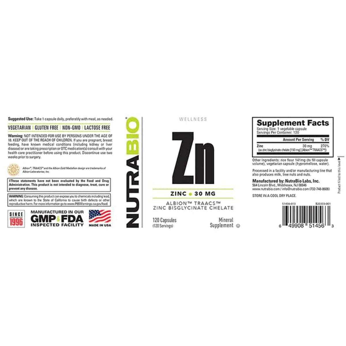 NutraBio Zinc Chelat Mineralergänzung – 30 mg Zink pro Kapsel, 120 Portionen für Wachstum, Entwicklung und Immunsystem