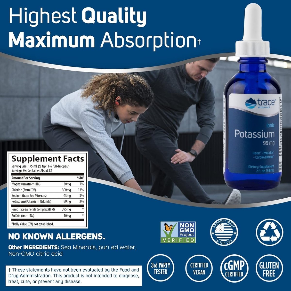 Trace Minerals | Flüssiges Ionisches Kalium Nahrungsergänzungsmittel | 99 mg Kalium und 72+ Spurenelemente | Unterstützt Elektrolyte, Hydration, Energie, Gehirnfunktion | 60 ml (1 Packung), 33 Portionen